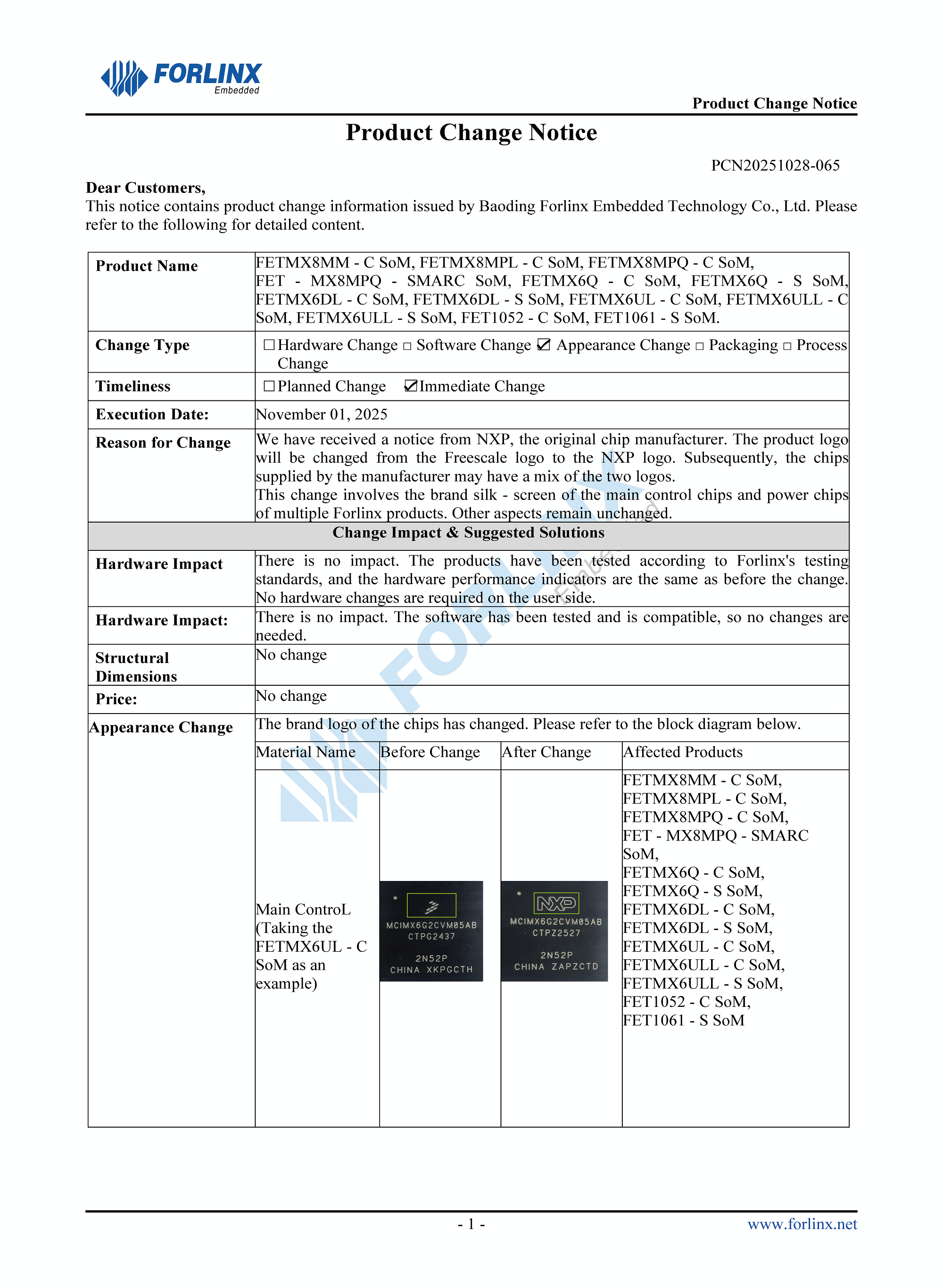 Forlinx PCN: NXP Series SoM Chip Silkscreen Update