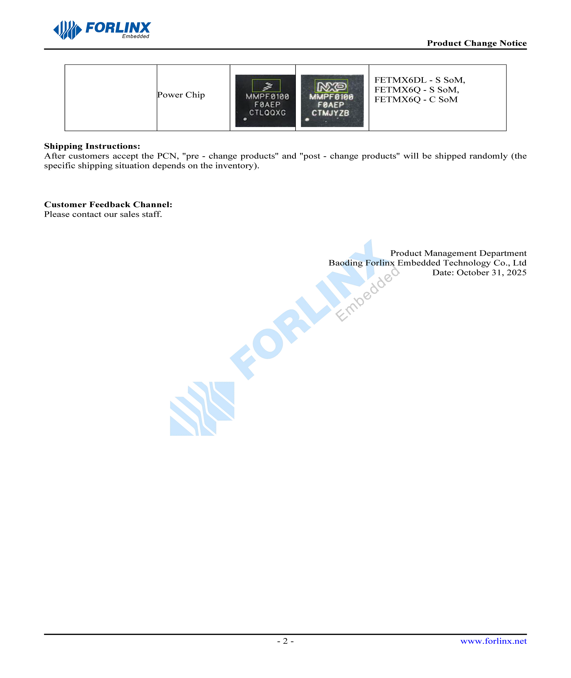 Forlinx PCN: NXP Series SoM Chip Silkscreen Update