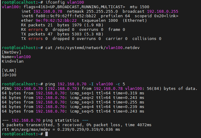 Successful ping response between Board 1 and Board 2 using VLAN 100