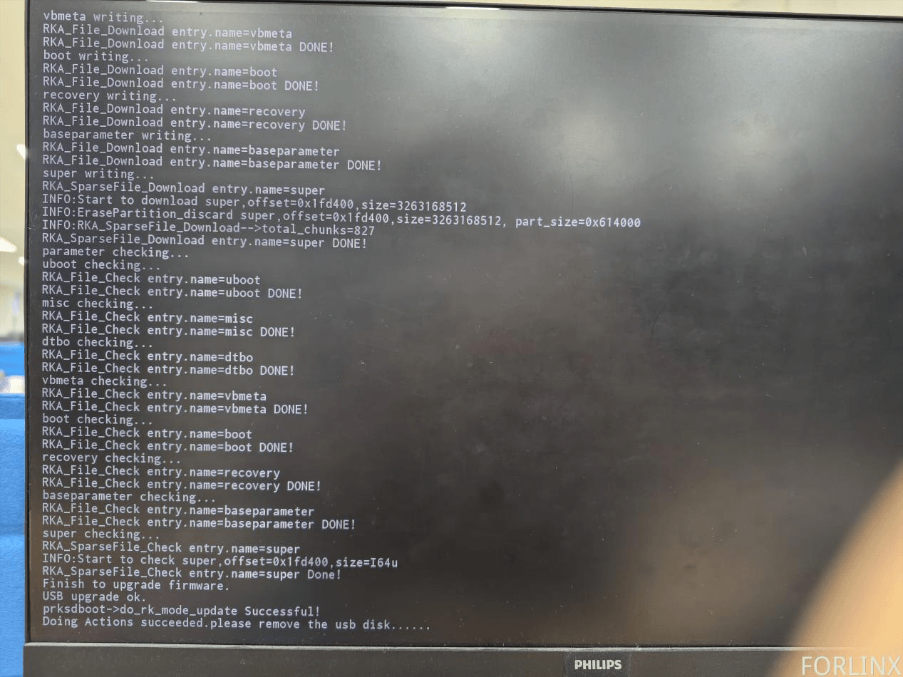 Successful Android system local flashing completion status log output indicating to safely remove the U-disk